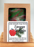 Evergreen & Apples is a handmade goat milk soap that has ingredients that are organic and is made by Wisconsin soap company Little Bull Falls Soap Works.   This has become one of our favorite and customer favorite woody scented soaps.  It combines apples with fir,cedar, cranberry, mandarin, and juniper. This one fills the senses with the holidays and coziness the season provides.