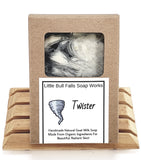 Twister is a handmade cold processed soap made with organic food ingredients that is a great unisex or manly scent. It is made in Central Wisconsin by Little Bull Falls Soap Works. Sophisticated notes of black peppercorn and leather are carefully crafted with warm woods, patchouli, musk and citrus.