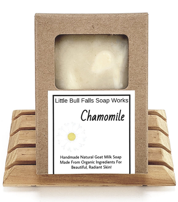 Chamomile goat milk soap is made with raw Wisconsin goat milk and organic food ingredients.  This soap is a perfect sweet floral that smalls just like the real thing. It is earth-friendly & biodegradable bar soap made by small family owned business Little Bull Falls Soap Works. Chamomile soap has soft notes of coconut water and chamomile blended with tea leaves, wild lily, & tonka beans.  Light and clean scent. Think going outside after a fresh spring shower where rainbows abound!