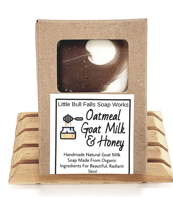 Oatmeal Milk Honey handmade goat milk soap bar. Made by hand from organic food ingredients in Wisconsin by WIsconsin soap candle company Little Bull Falls Soap Works. Located in the Wausau Wisconsin area.