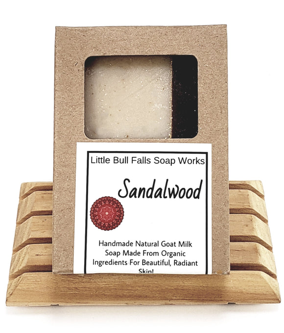 All natural sandalwood soap handmade in the Midwest of the United States by WIsconsin based soap and candle company Little Bull Falls Soap Works. Great for sensitive skin especially eczema!
