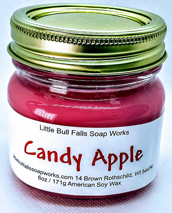 Candy apple soy wax candle made in Wisconsin by Little Bull Falls Soap Works. Red natural candle handpoured in small bath.