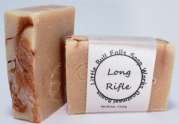 Long Rifle handmade goat milk soap for men by Wausau Wisconsin soap & candle co Little Bull Falls Soap Works. Great gift for hunters, gun collectors, gun smithers, rugged guys, and the outdoorsy type!