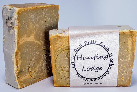 Hunting Lodge Goat Milk Soap for men. Made in Wisconsin by Little Bull Falls Soap works soap & candle company. Soap is made from organic ingredients..