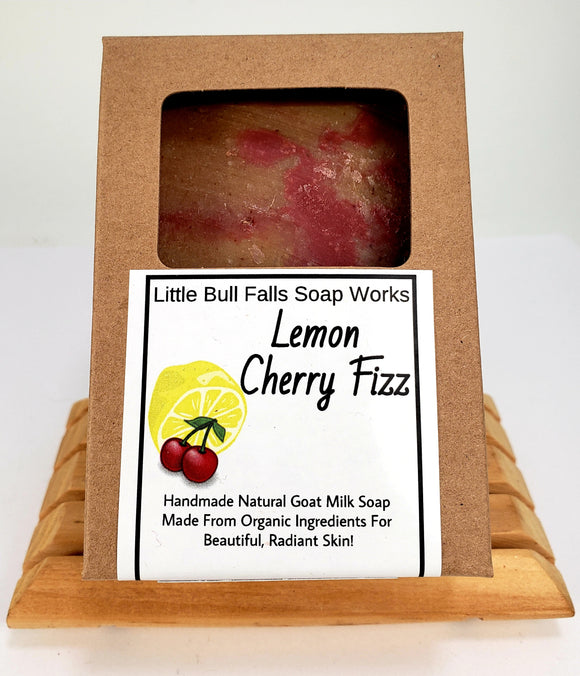 only the best soap ever! This is like a cherry lemonade. Lemon Cherry Fizz is a refreshing fan favorite cold-processed soap that is handmade in Wisconsin by Little Bull Falls Soap Works.
