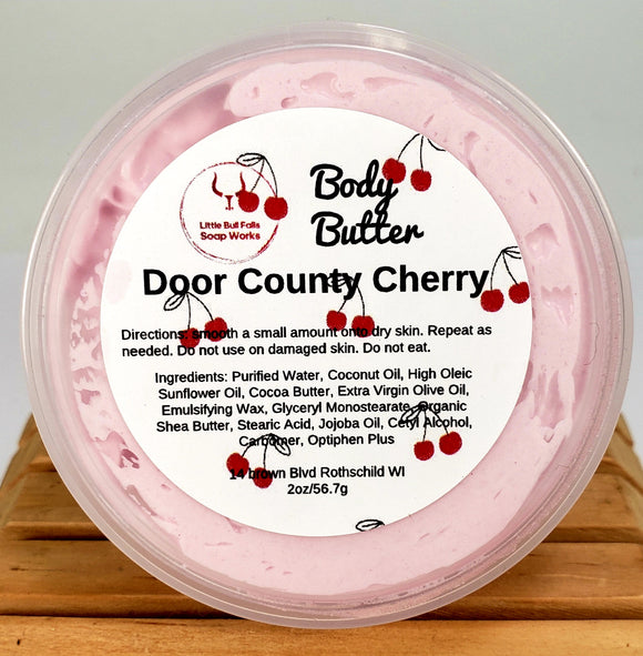 Door County Cherry Body Butter made by Wisconsin soap & candle copany Little Bull Falls Soap Works. Handmade