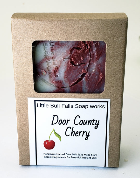 Door County Cherry goat milk soap from Wisconsin. Cherry scented bar soap. Natural skincare for men. Handmade Door County goat milk bar soap