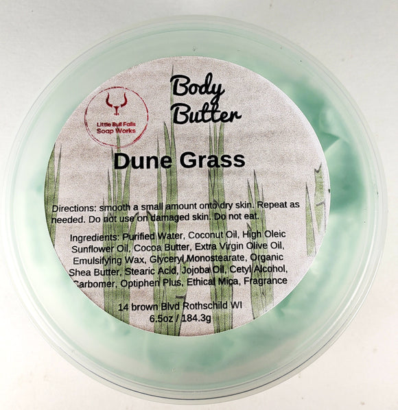 Dune Grass body butter nourishes dry skin. Works best right out of the shower. Handmade in Wisconsin by Little Bull Falls soap & candle co.