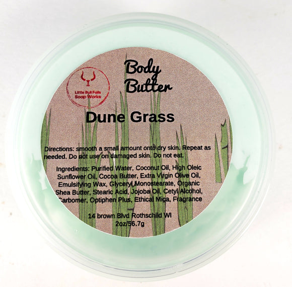 Dune Grass body butter nourishes dry skin while being non-greasy. Smells like the wind blowing thru the dune grass at the lakeside.