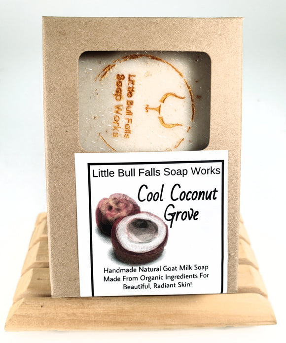 Cool Coconut Grove is a ggoat milk and oatmeal soap made from organic food ingredients. This smells like a true coconut - a tropical oasis. You will appreciate this in the coldest dreary winter days!