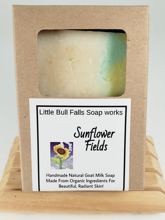 Sunflower Fields goatmilk soap is made from organic food ingredients in Wisconsin. This contains organic sunflower oil from the US.