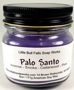 Palo Santo soy wax candle is a great woodsy smell that is leathery & incese-like. Both men & women love this one. Handmade in small batches by Wisconsin candle and soap co Little Bull Falls Soap Works in the Wausau area.