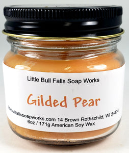 Gilded Pear non-toxic soy wax candle is clean burning and features soy wax made from USA grown soybeans. These candles are hand-poured in small batches by Central Wisconsin soap & candle company Little Bull Falls Soap Works. This is a great fall scent.