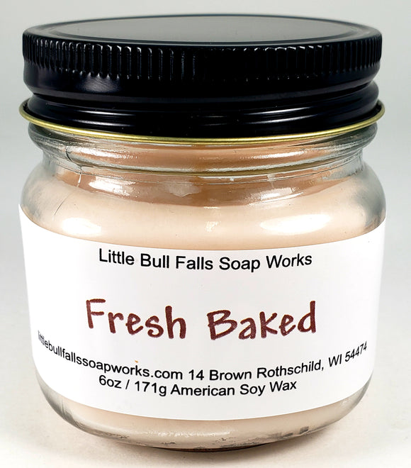 Fresh baked artisan bread. This is a bakery bread candle. Soy wax candle that smells like baking bread. Made in the Midwest by soap & candle company Little Bull Falls Soap Works.