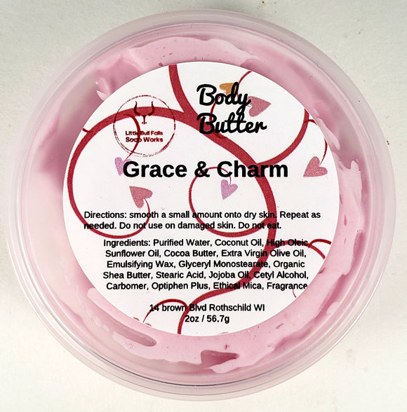 Grace & Charm is the best body butter you will ever try. It is never greasy & is very nourishing. Great for right after a shower. This scent is the ultimate in romantic charm.