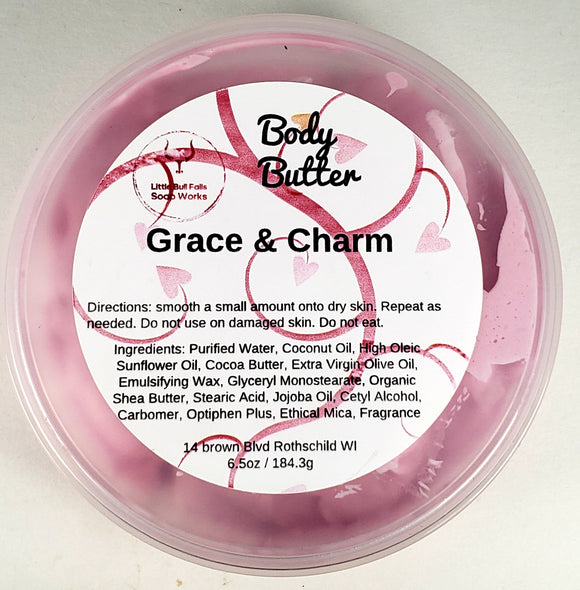 Grace & Charm body butter is never greasy! Smells fresh and feminine - similar to a Philosophy scent. One of my favorites! 