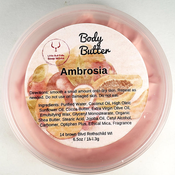 Ambrosia natural body butter is made in central Wisconsin by Little Bull Falls Soap Works. It is a heavenly quenching fruit scent that you will love. Makes a great gift for teachers or new moms!