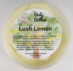 Lush Lemon Body Butter handmade in Wisconsin by Little Bull Falls Soap Works.