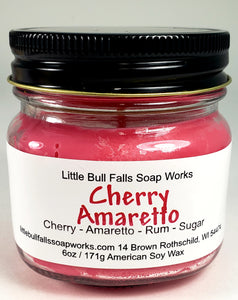 Cherry Amaretto soy wax candle is made in the US by Wisconsin soap & candle co Little Bull Falls Soap Works. Our biodegradable candles are made from soy wax made from soybeans grown by American farmers. Also available for wholesale.