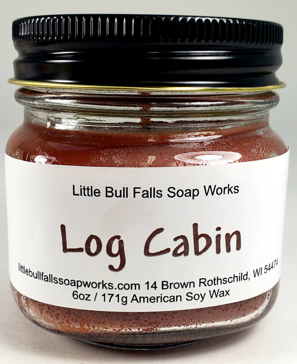 Log Cabin scented soy wax candle made from soybeans grown by American farmers. Farmhouse style mason jar candle. Little Bull Falls Soap Works.