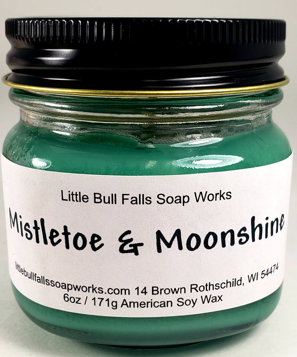 Mistletoe Moonshine soy wax candles made in Wisconsin by Little Bull Falls Soap Works. Christmas candle. Christmas gift. Something Special From Wisconsin.