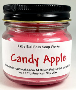 Candy apple soy wax candle made in Wisconsin by Little Bull Falls Soap Works. Red natural candle handpoured in small batches. Smells like  sweet candy apple!