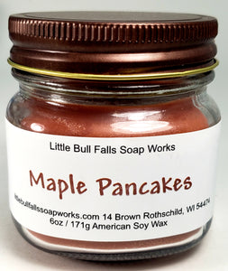 Maple Pancakes soy wax candle. Maple Pancake soy wax candle handmade in Wisconsin by Little Bull Falls Soap Works. Available for wholesale. Wausau Wisconsin Maker.