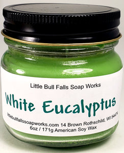 White Eucalyptus soy wax candle made by Little Bull Falls Soap Works. Spa candle. Wholesale candles. Natural Candles.