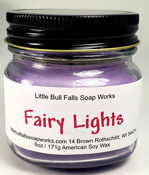 Fairy Lights soy wax candle made in Wisconsin by Little Bull Falls Soap Works. Smells like Moonflower Nectar. Best candles.. Made by Little Bull Falls Soap Works a Wisconsin candle company.