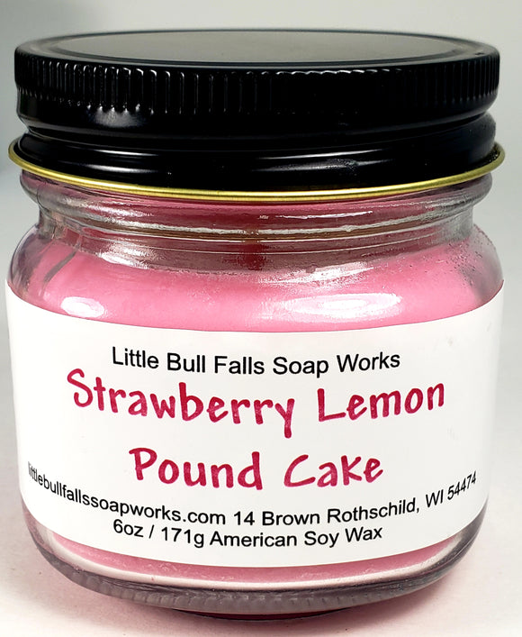 Strawberry Lemon Pound Cake soy wax candle is made by Wisconsin soap & candle co Little Bull Falls Soap Works. Non-toxic clean candles handmade in small batches. Our candles are biodegradable.