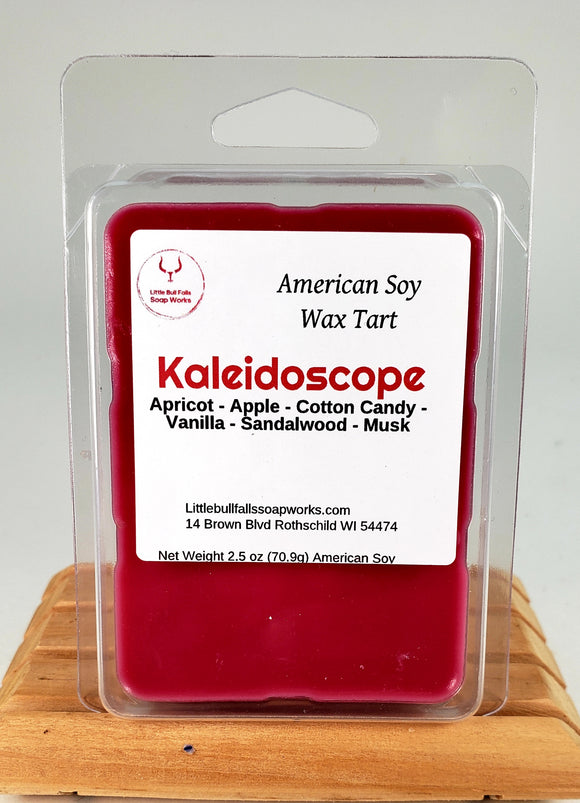 Kaleidoscope wax melt 
 is made from soy wax using soybeans grown by American farmers in the Midwest. The scent is apricot apple cotton candy vanilla sandalwood and musk. It's a very playful scent that you are going to love!