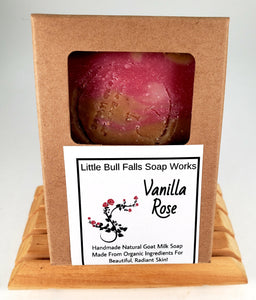 Vanilla  Rose goat milk and oatmeal soap is made specifically for sensitive and dry skin including eggs a month period this soap was made in Wisconsin by soap company little hole falls soap works out of Central Wisconsin wasa area