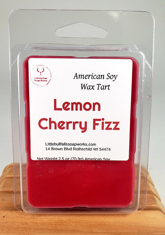 Lemon Cherry Fizz is a non toxic wax melt made from American soy wax by Wisconsin chandler Little Bull Falls Soap Works 