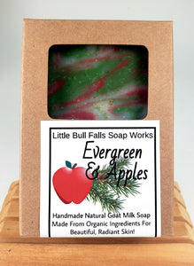 Evergreen & Apples is a handmade goat milk soap that has ingredients that are organic and is made by Wisconsin soap company Little Bull Falls Soap Works.   This has become one of our favorite and customer favorite woody scented soaps.  It combines apples with fir,cedar, cranberry, mandarin, and juniper. This one fills the senses with the holidays and coziness the season provides. 