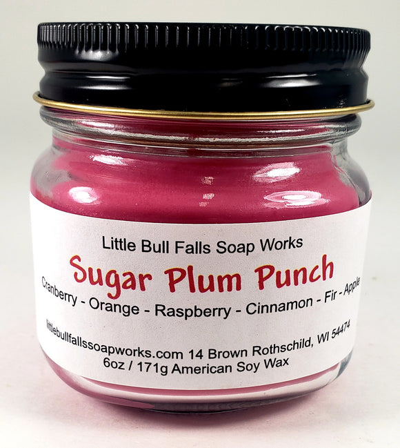 Sugar Plum Punch is a Mason jar candle made from biodegradable American soy wax by Wisconsin candle co.  Little Bull Falls Soap Works 