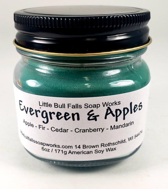 Evergreen and Apples handmade soy wax candle in a recyclable Mason jar handpoured by Wisconsin candle company Little Bull Falls Soap Works 