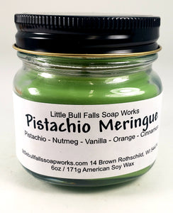 Pistachio Meringue is a handmade soy wax candle made in the US by Wisconsin candle company Little Bull Falls Soap Works.  The scent combines pistachios with oranges, some nutmeg, vanilla, almonds, and a touch of cinnamon.