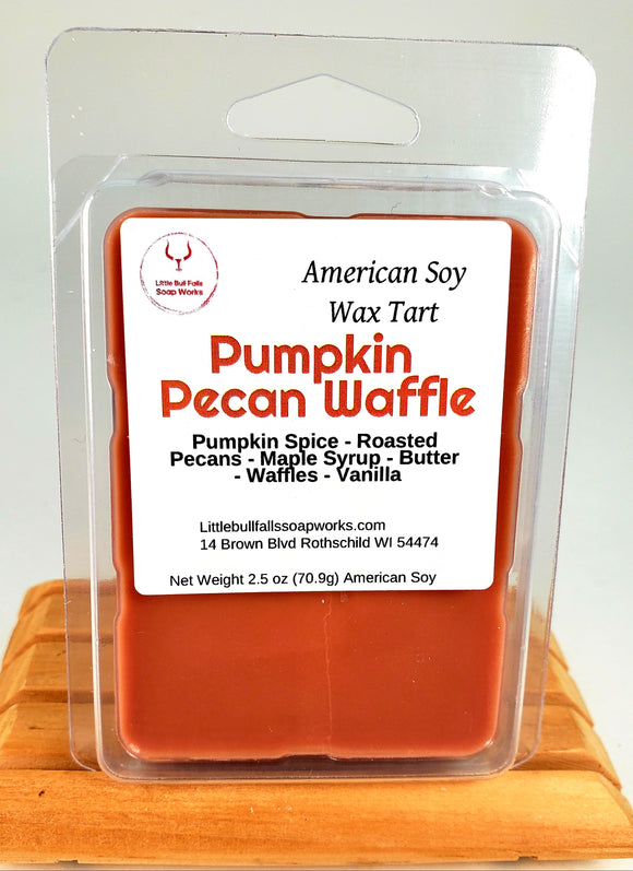 Pumpkin pecan waffle is a delightful pumpkin spice type of soy wax melt that was handmade by Wisconsin candle company Little Bull Falls Soap Works 