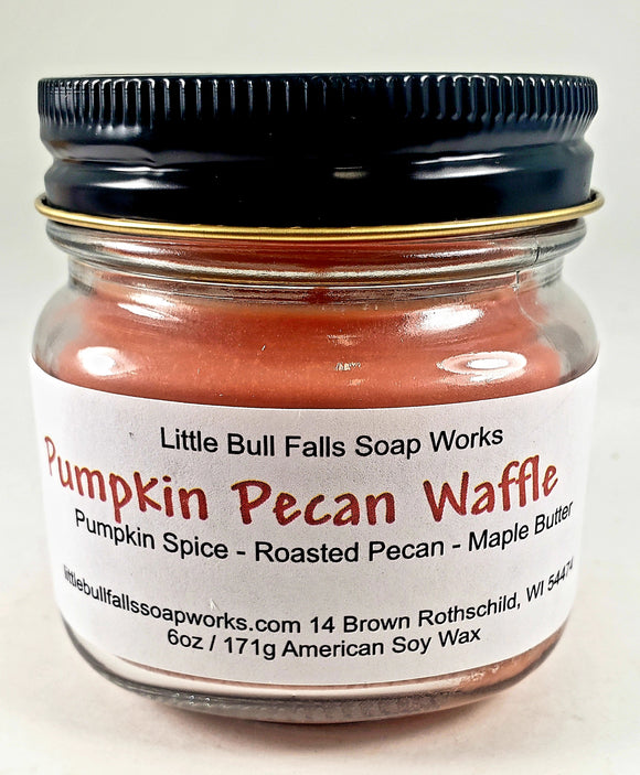 Pumpkin Pecan Waffle is a soy wax candle made in USA by Wisconsin candle co Little  Bull Falls Soap Works 