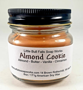 Almond Cookie soy wax candle is a clean toxin free candle handmade by Wisconsin candle company Little Bull Falls Soap Works 