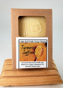 Turmeric Saffron goat milk is handmade in Wisconsin by soap company Little Bull Falls Soap Works. 