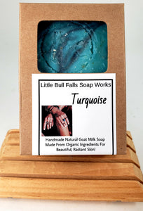 Turquoise goat milk oatmeal handmade natural cold processed soap made by Wisconsin soap company Little Bull Falls Soap Works using organic ingredients. 