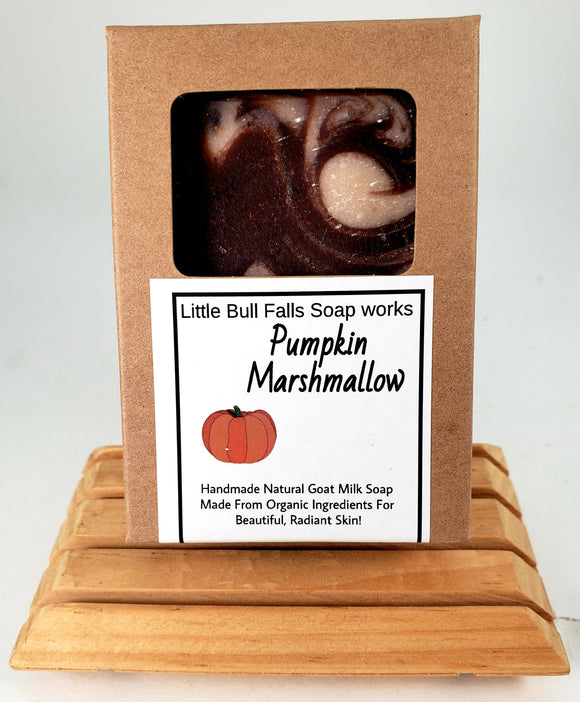 Pumpkin Marshmallow handmade goat milk oatmeal soap is made from organic ingredients by Wisconsin soap company Little Bull Falls Soap Works.  Get your modern take on pumpkin spice soap today!