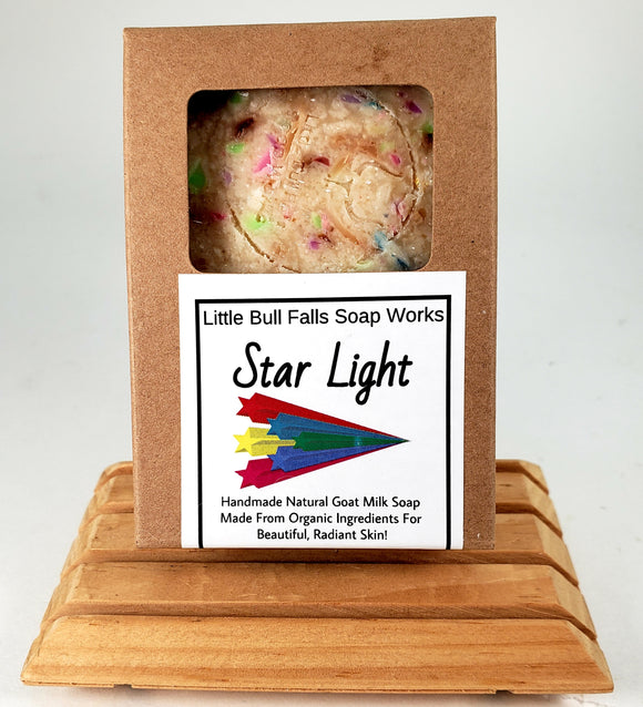 Star Light is a handmade goat milk Skin-soothing soap made by Wisconsin soap company Little Bull Falls Soap Works. 