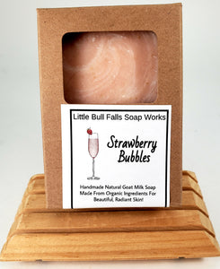 Strawberry Bubbles is an effervescent sparkly girly strawberry soap. Handmade in Wisconsin by soap company Little Bull Falls Soap Works from Central Wisconsin. Smells like Victoria Secret Strawberries and Champagne. 