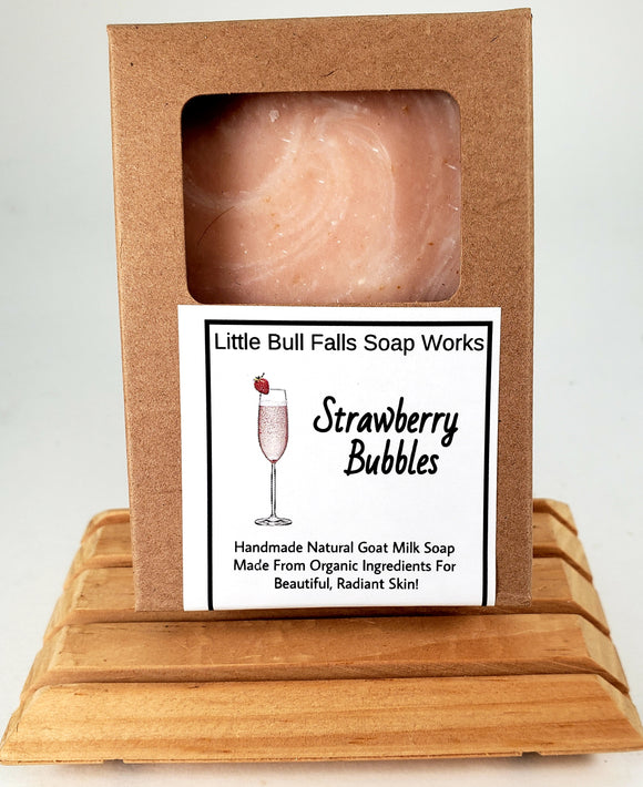 Strawberry Bubbles is an effervescent sparkly girly strawberry soap. Handmade in Wisconsin by soap company Little Bull Falls Soap Works from Central Wisconsin. Smells like Victoria Secret Strawberries and Champagne. 