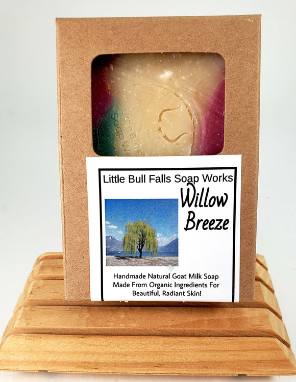 Willow Breeze is a floral with a leafy green finish. Great soap made for dry, sensitive, eczema, and problematic skin.  Handmade in USA by Central Wisconsin soap company Little Bull Falls Soap Works from organic, biodegradable , safe ingredients.  Nontoxic. 