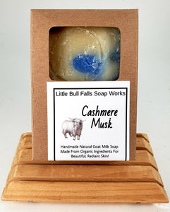 Cashmere Musk is a unisex masculine handmade goat milk oatmeal soap made in Wisconsin by Little Bull Falls Soap Works from organic ingredients. Great gift for him!