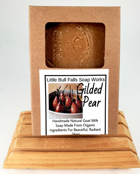 Gilded Pear is a divine pear scent that combines baked to golden brown sugar sweet pears. Handmade in Central Wisconsin by soap company Little Bull Falls Soap Works.  Made in small batches using organic food safe ingredients. Great for eczema and dermatitis.  Available for wholesale. 