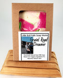 Gravel Road Dreamer is a rose and Marijuana CBD Cannibas scented handmade soap made in small batches by Central Wisconsin soap company Little Bull Falls Soap Works. Wholesale is available